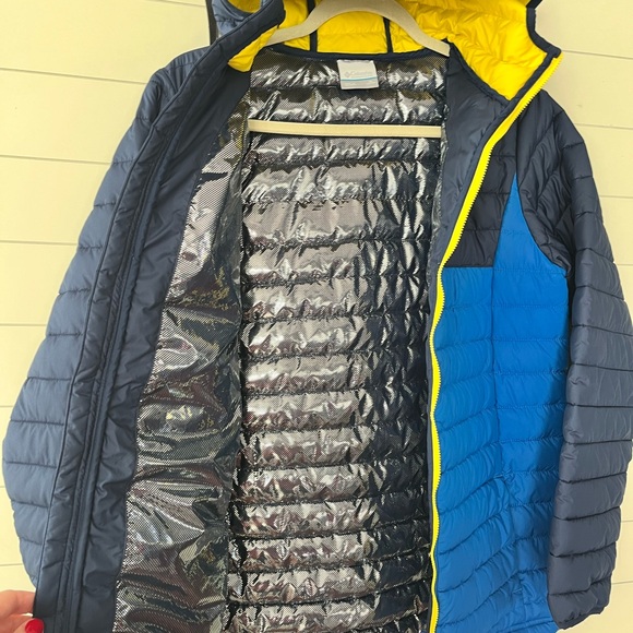 Columbia Boys XL Powder Lite Navy Blue Yellow Hooded Puffer Coat Omni Heat 18/20 - Picture 4 of 6